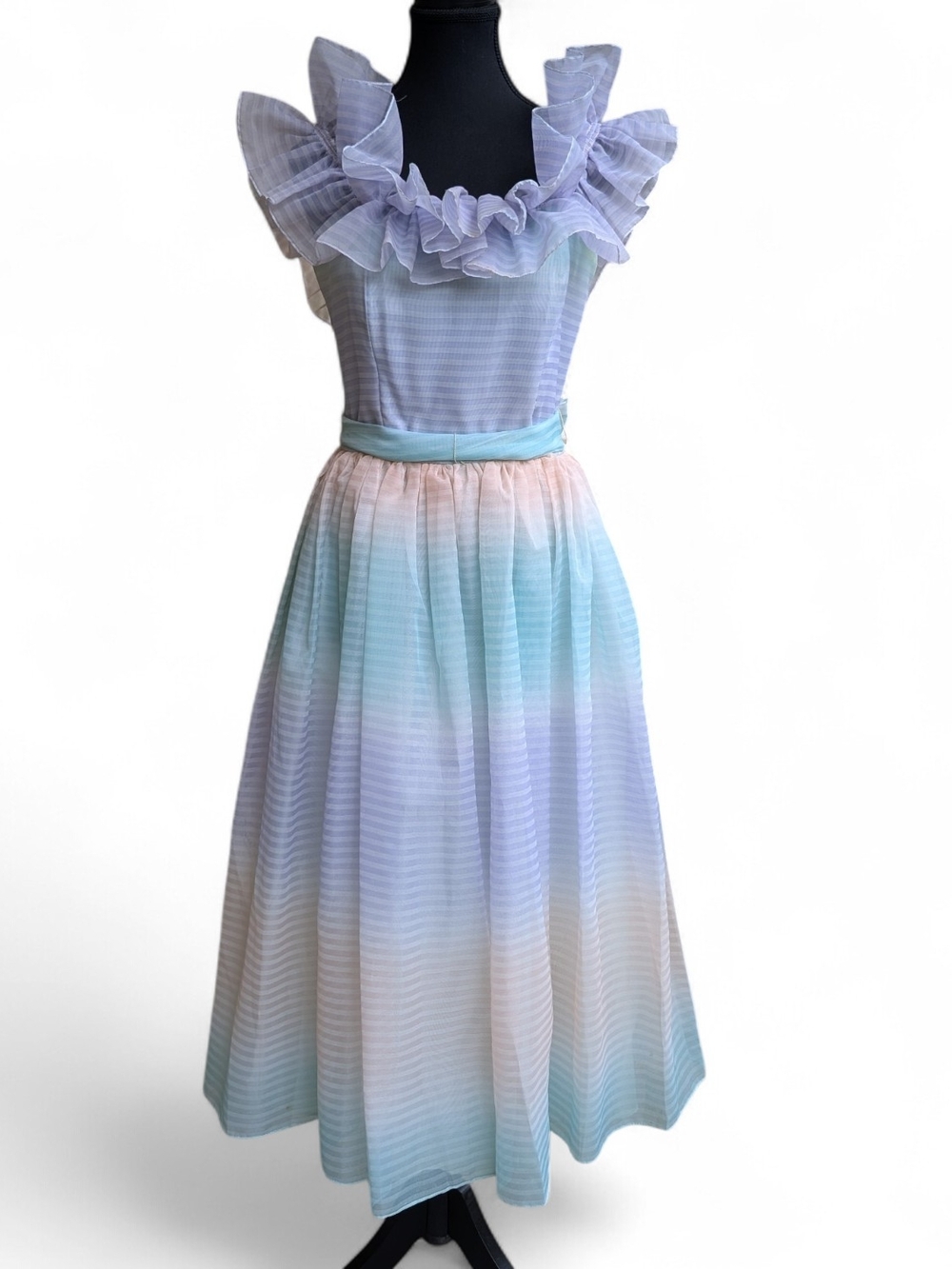 Pastel Ombre Rainbow Organza Ruffle Gown | 1970s Fairycore Bridal Dress